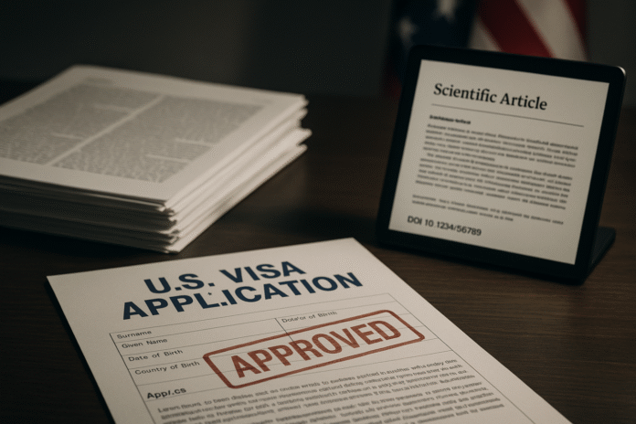 20251115_1225_Scientific Immigration Authority_simple_compose_01ka41t9mxewdsag32fn730jhn (1) A relevância dos artigos científicos nos processos de visto nos Estados Unidos cresceu silenciosamente. Profissionais que publicam têm mais credibilidade, mais força documental e maiores chances de aprovação. Entenda por que essa prova de autoridade tem se tornado decisiva.