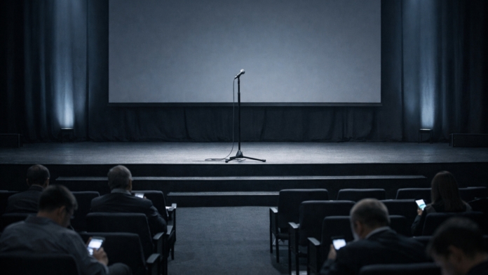 PAlco Palco de auditório corporativo vazio com microfone ao centro, enquanto parte da plateia sentada olha para celulares, indicando desatenção e excesso de fala no evento.