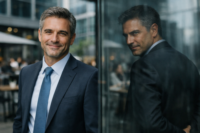 Executivo bem-vestido sorri diante de um prédio corporativo moderno, enquanto seu reflexo no vidro revela uma expressão fria e calculista, simbolizando autoridade aparente e reputação enganosa no ambiente corporativo.