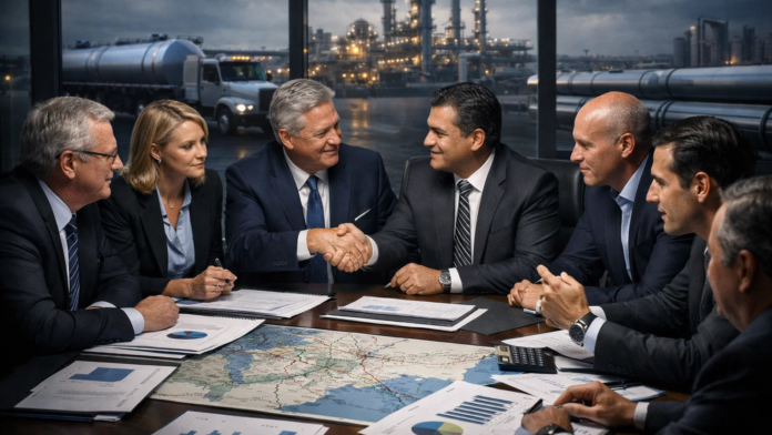 Executivos do setor de combustíveis reunidos em negociação estratégica com refinaria e caminhão-tanques ao fundo.