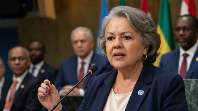 ONU (1) Myrinha Vasconcellos discursando na plenária da ONU durante a CSW70 sobre direitos das mulheres